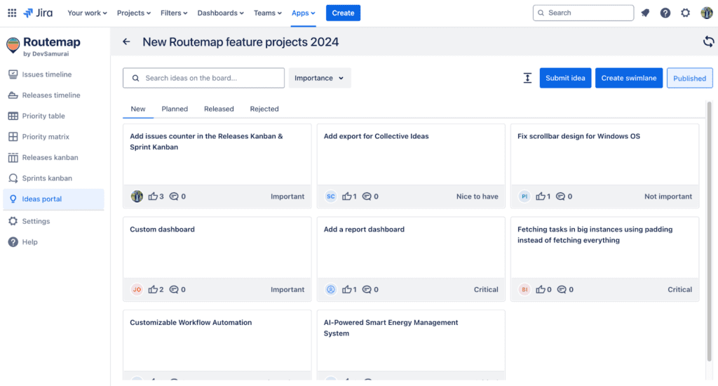 New Ideas Portal in Routemap 1.7.2 release